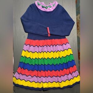 Mini Boden lightweight sweater dress with rainbow skirt. Charming knit pattern!